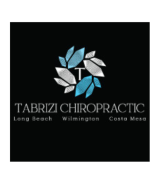 Logo for Tabrizi Chiropractic featuring a stylized tree with blue and gray leaves on a black background. Below the name are locations: Long Beach, Wilmington, and Costa Mesa.