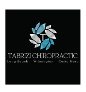 Logo for Tabrizi Chiropractic featuring a stylized tree with blue and gray leaves on a black background. Below the name are locations: Long Beach, Wilmington, and Costa Mesa.