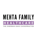 Logo for Mehta Family Healthcare. Mehta Family is in black text above Healthcare in white text on a purple background, with The Sherman Oaks Chiropractor in smaller purple text underneath.