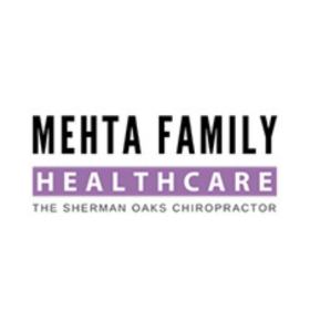 Logo for Mehta Family Healthcare. Mehta Family is in black text above Healthcare in white text on a purple background, with The Sherman Oaks Chiropractor in smaller purple text underneath.