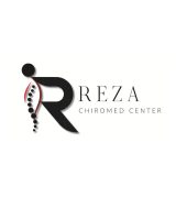 Logo for Reza Chiromed Center featuring a stylized letter R forming a human figure with a dotted spine and a red curve, next to the text REZA CHIROMED CENTER on a white background.