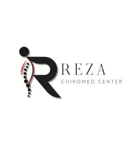 Logo for Reza Chiromed Center featuring a stylized letter R forming a human figure with a dotted spine and a red curve, next to the text REZA CHIROMED CENTER on a white background.
